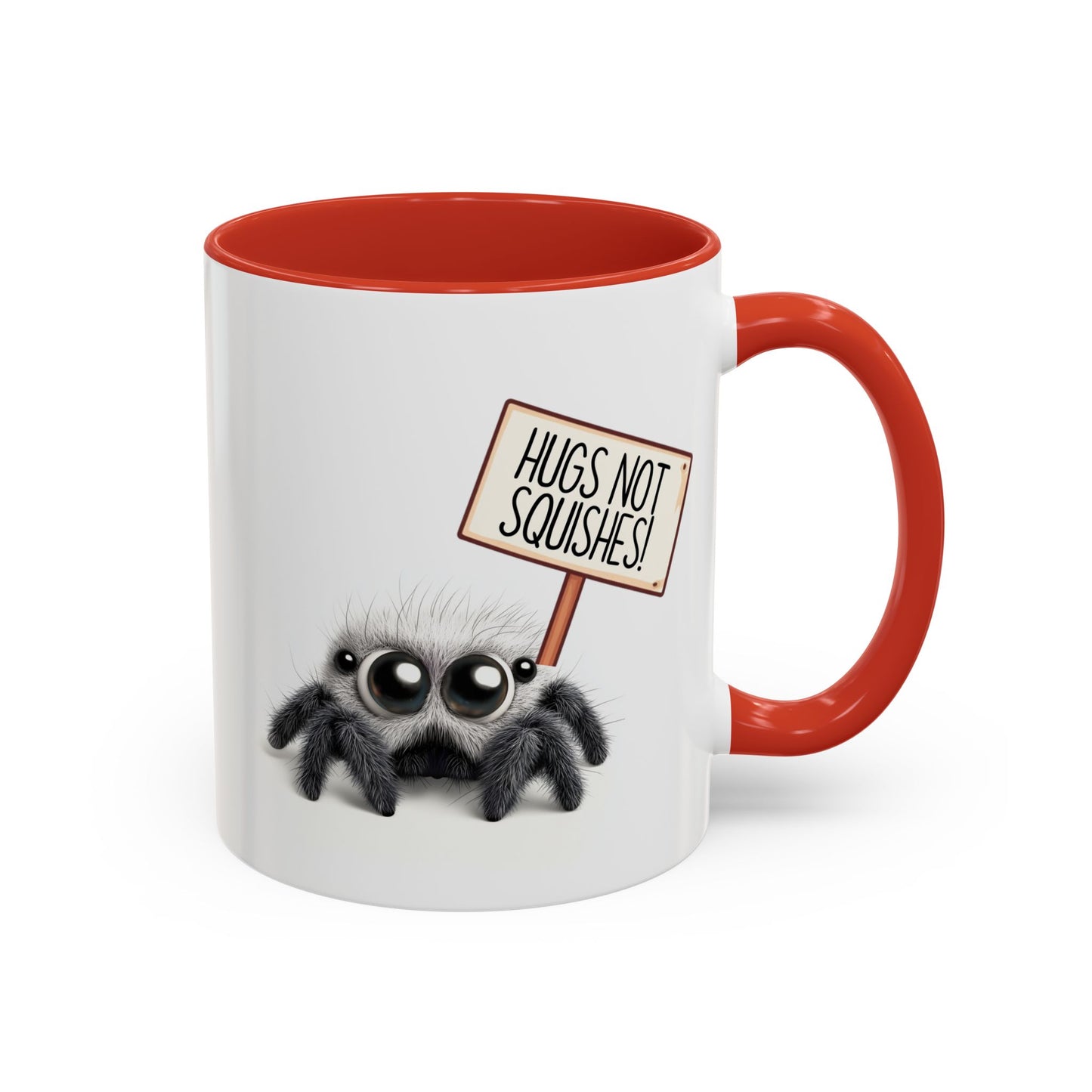 Cute Spider Mug – “Hugs Not Squishes” – Funny Custom Made Gift for Bug Lovers & Nature Fans