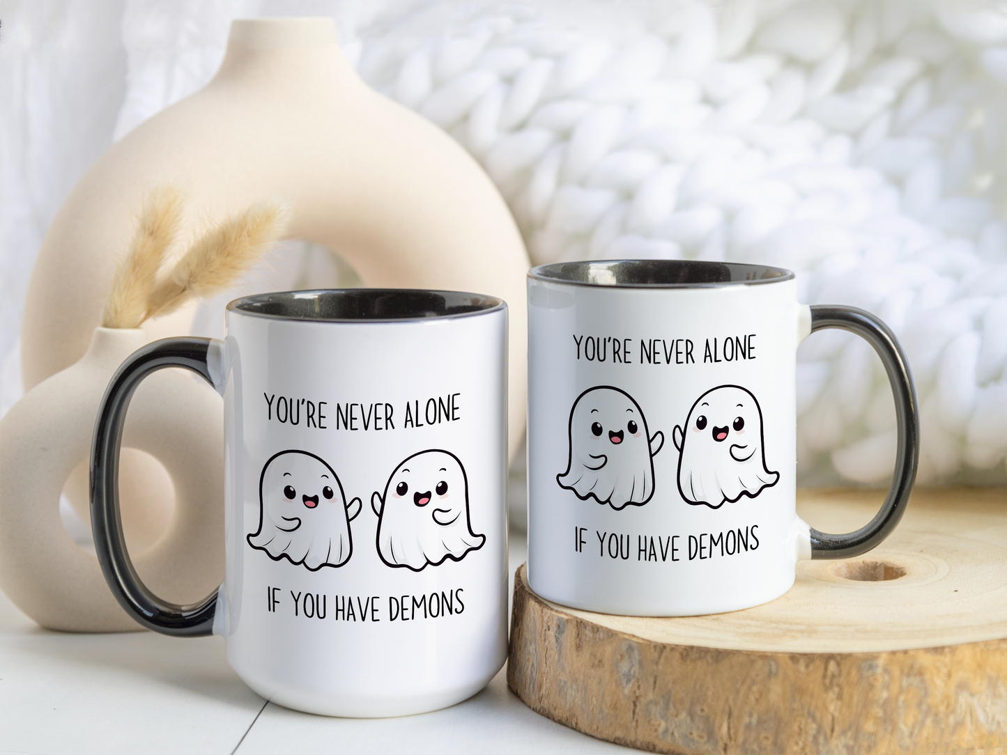 Funny Ghost Mug – “You’re Never Alone If You Have Demons” | Cute Spooky Coffee Cup, Dark Humor Gift for Friends