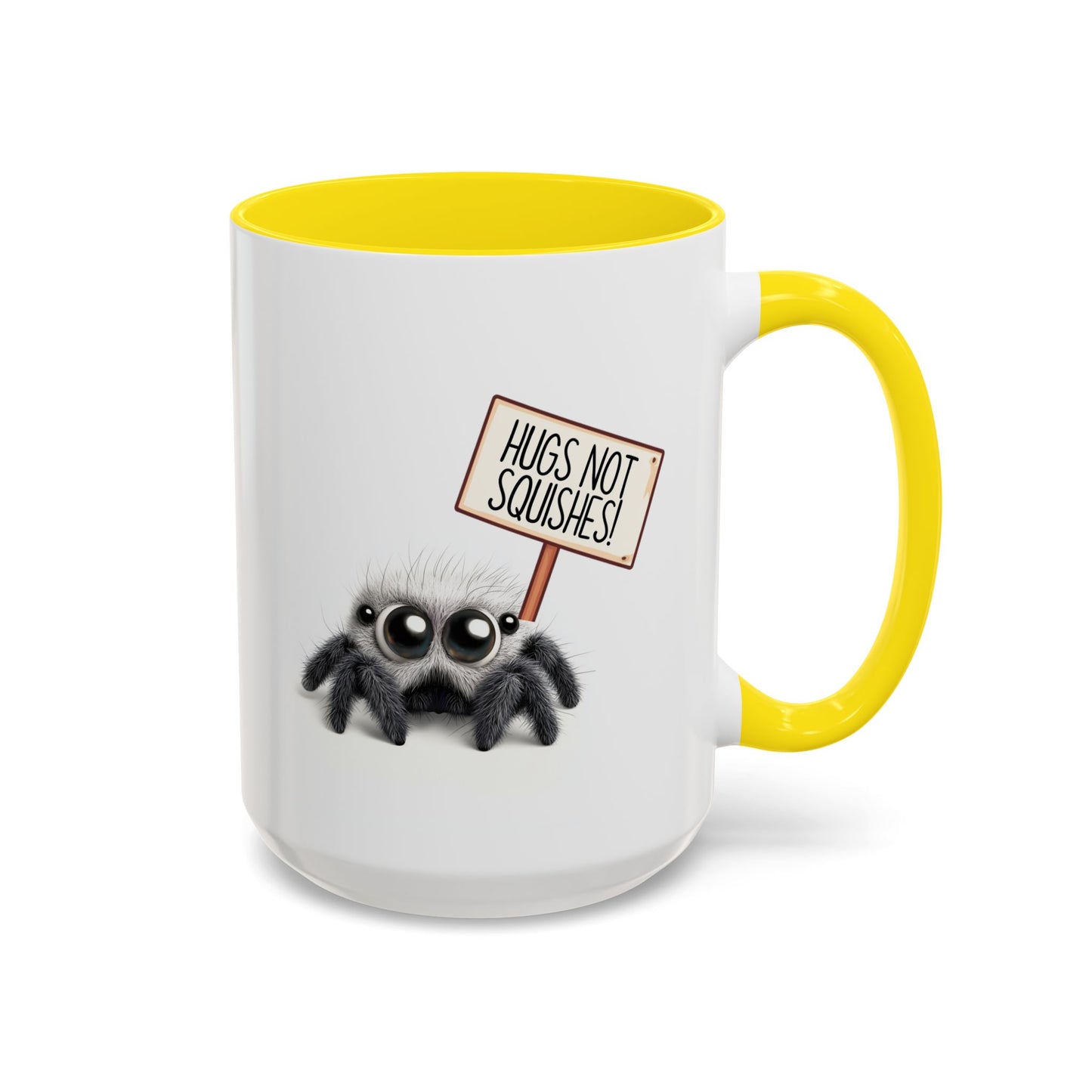 Cute Spider Mug – “Hugs Not Squishes” – Funny Custom Made Gift for Bug Lovers & Nature Fans