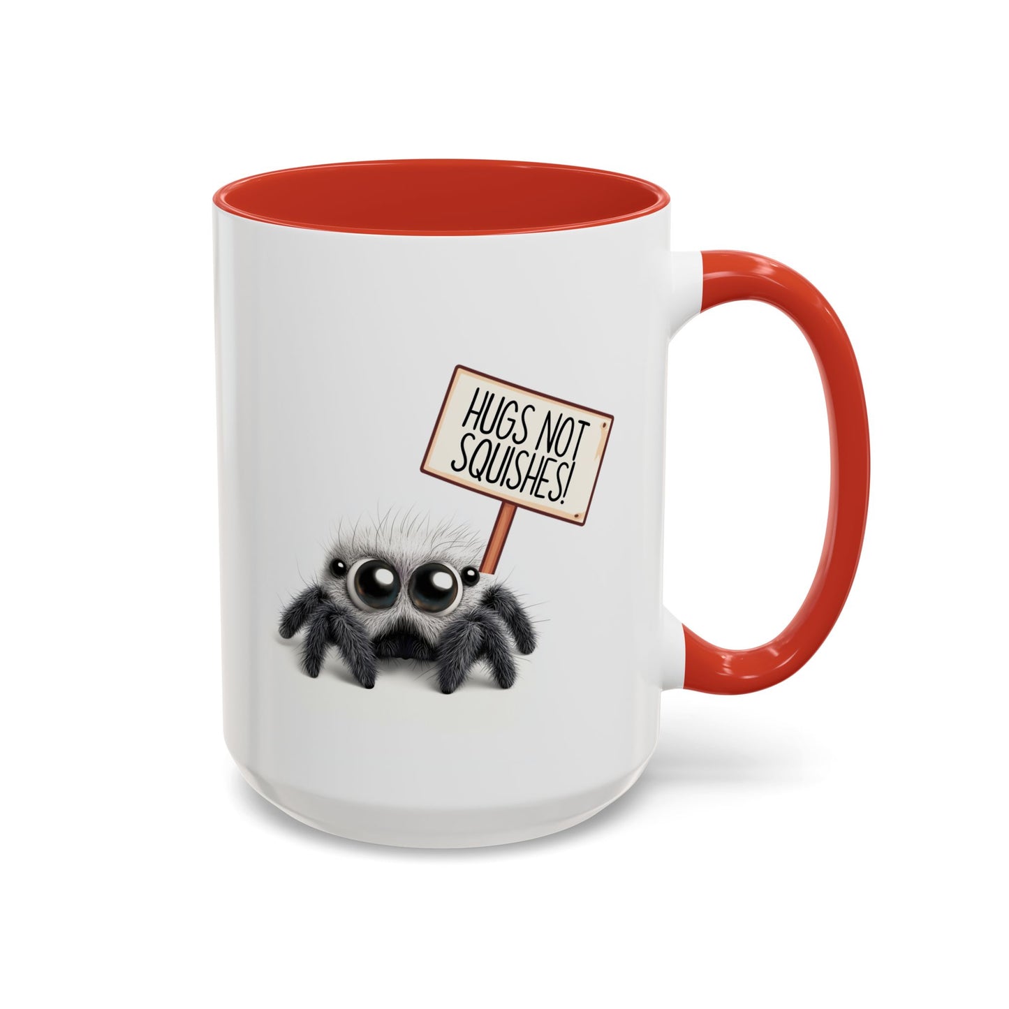 Cute Spider Mug – “Hugs Not Squishes” – Funny Custom Made Gift for Bug Lovers & Nature Fans