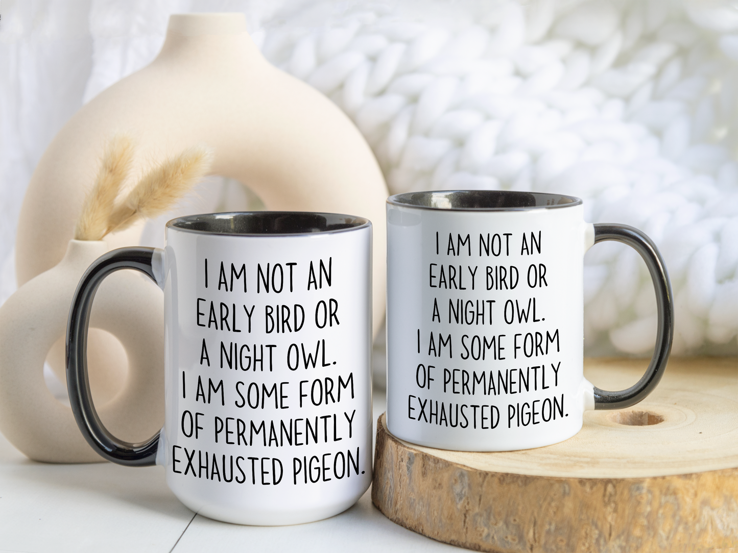 Funny Tired Mug – “Not an Early Bird or a Night Owl, Just a Permanently Exhausted Pigeon” | Relatable Coffee Cup, Work-from-Home Humor Gift