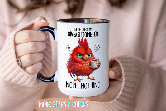Funny Coffee Mug – “Let Me Check My Giveashitometer... Nope, Nothing” | Sarcastic Grumpy Bird Cup, Office Humor Gift for Coworkers
