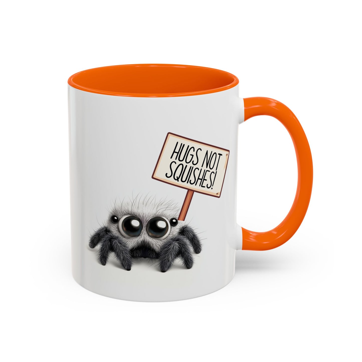 Cute Spider Mug – “Hugs Not Squishes” – Funny Custom Made Gift for Bug Lovers & Nature Fans