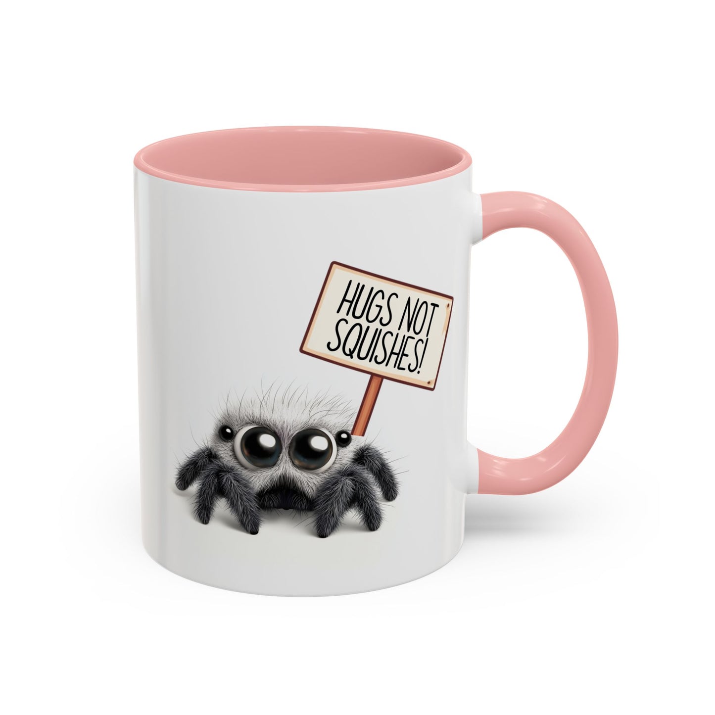 Cute Spider Mug – “Hugs Not Squishes” – Funny Custom Made Gift for Bug Lovers & Nature Fans