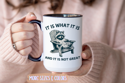 It Is What It Is And It Is Not Great Mug – Funny Raccoon Coffee Mug | Relatable Humor Gift for Adults