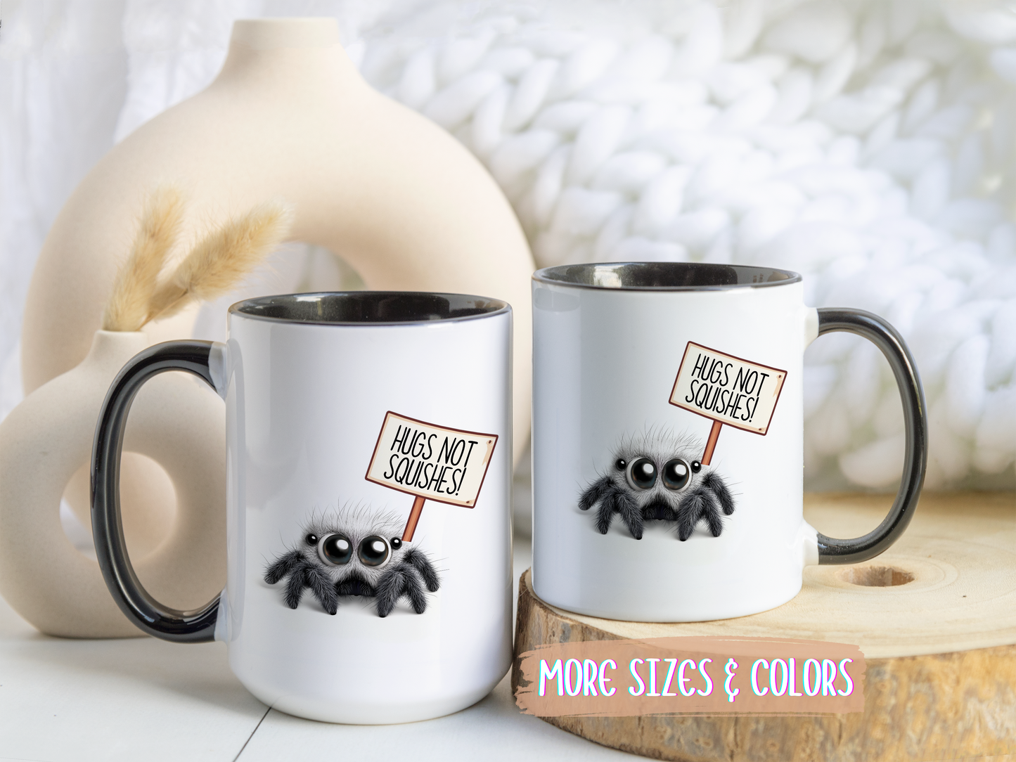 Cute Spider Mug – “Hugs Not Squishes” – Funny Custom Made Gift for Bug Lovers & Nature Fans