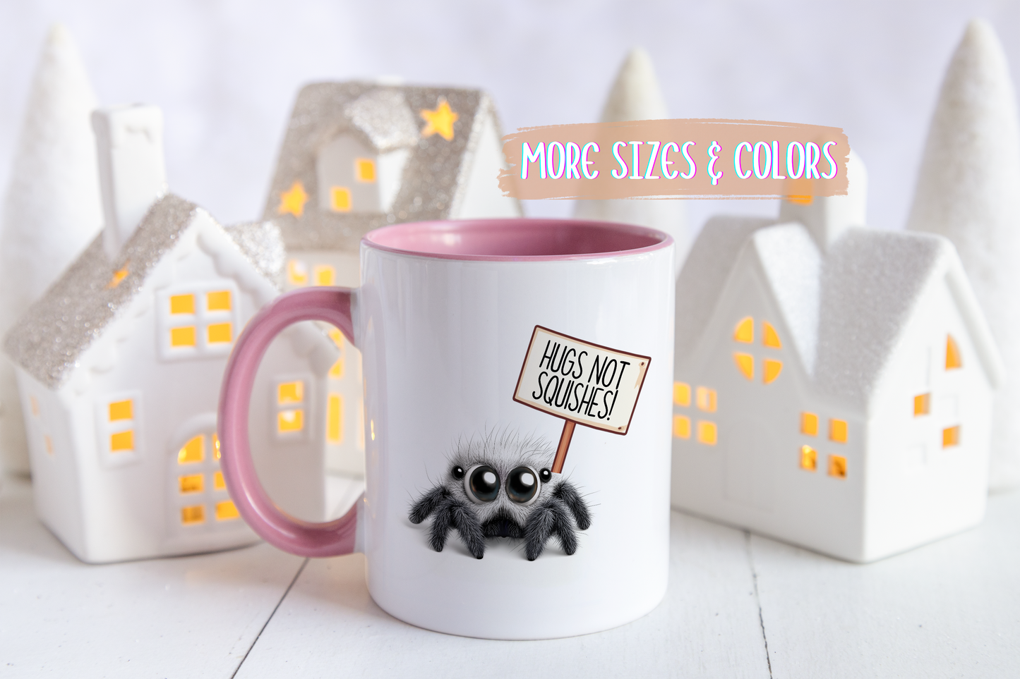 Cute Spider Mug – “Hugs Not Squishes” – Funny Custom Made Gift for Bug Lovers & Nature Fans