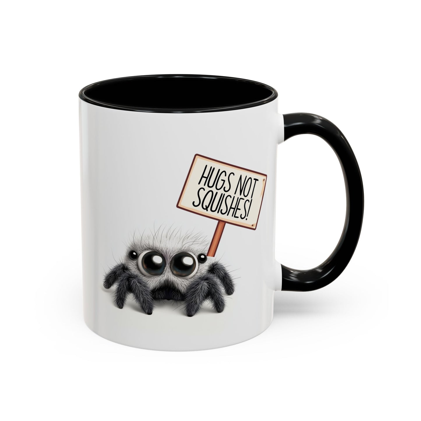 Cute Spider Mug – “Hugs Not Squishes” – Funny Custom Made Gift for Bug Lovers & Nature Fans