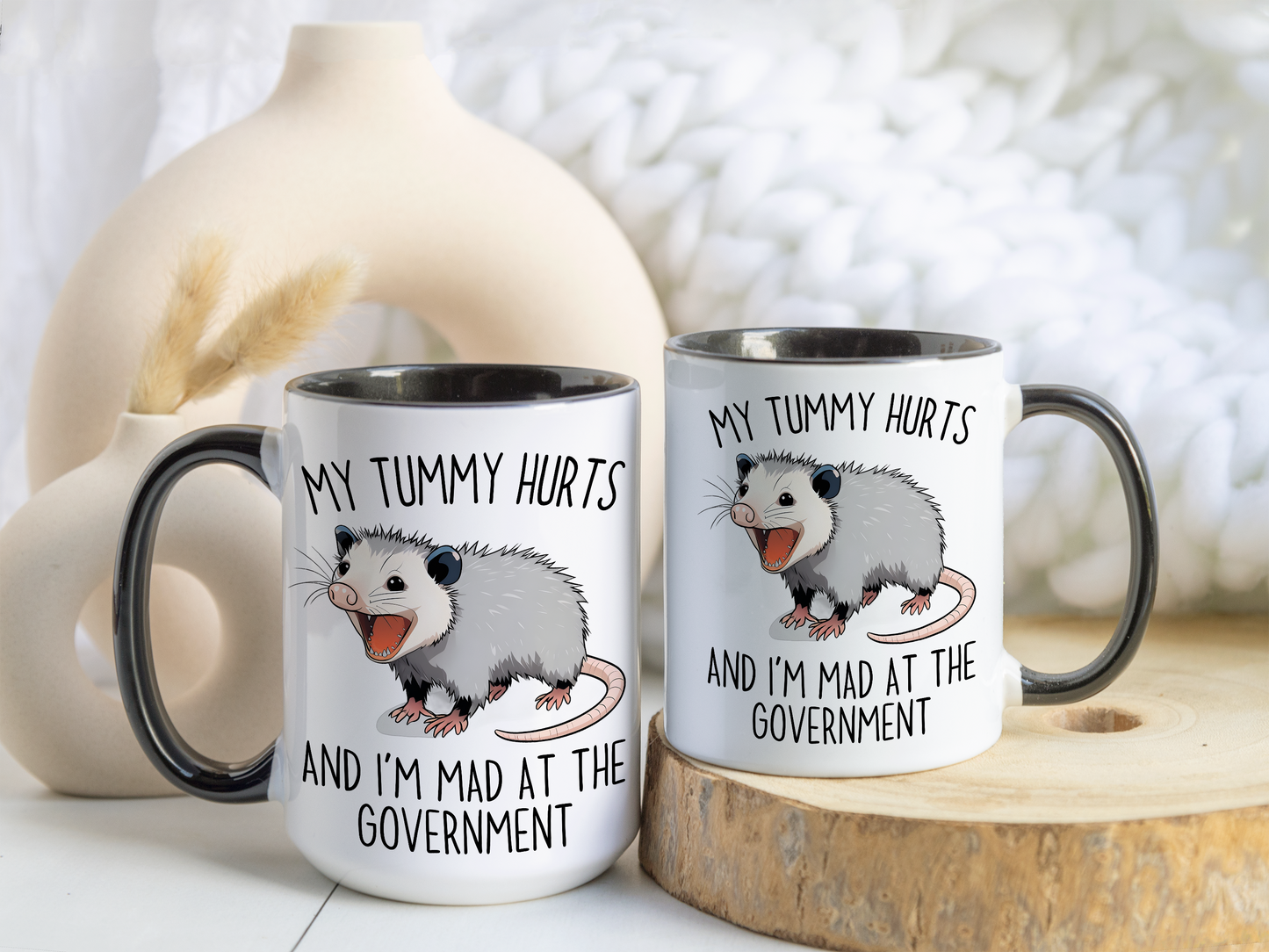 My Tummy Hurts and I’m Mad at the Government Mug – Funny Possum Coffee Cup | Relatable Meme Gift