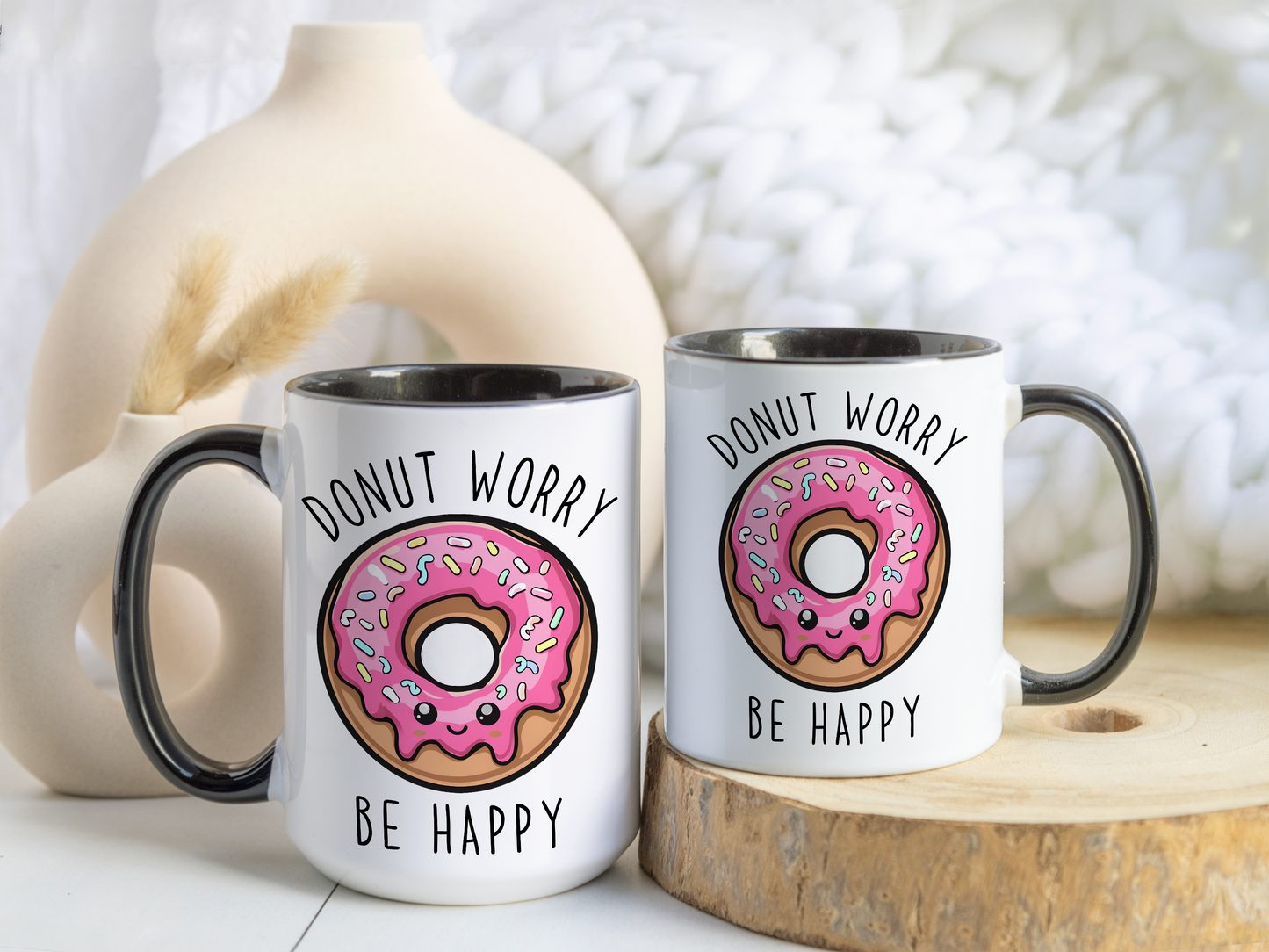 Donut Worry Be Happy Mug – Cute Donut Coffee Cup | Funny Positive Quote Mug | Custom Made Gift